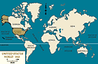 1933 年的世界地图（图中将美国标出）