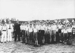 Jewish children gathered for a sporting event in a...