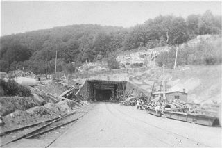 View of a tunnel entrance to the rocket factory at...