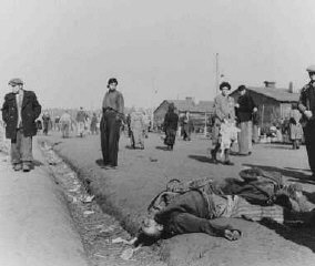 Soon after liberation, camp survivors walk amidst dead...