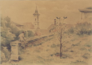 1943 watercolor landscape of Theresienstadt painted...
