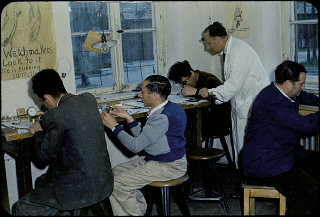 Jewish displaced persons study watchmaking in the Foehrenwald...