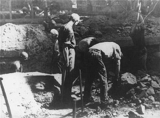 Prisoners at forced labor break stone with pickaxes...