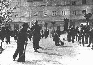 Hungarian gendarmes oversee a group of Jewish forced...