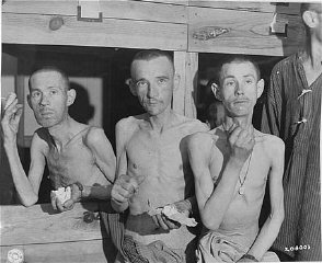 Emaciated survivors in the Ebensee subcamp of the Mauthausen...