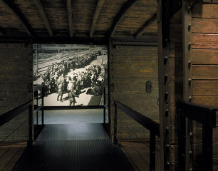 View of the photo mural of a selection at Auschwitz-Birkenau...
