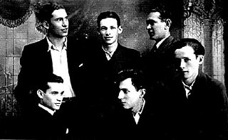 Group portrait of six young men in interwar Poland....