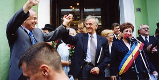 Elie Wiesel with President Ion Iliescu in Sighet following...