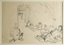 Drawing of women sitting inside barracks by a German Jewish internee