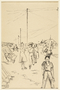 Drawing of people outside the barracks by an inmate at Gurs internment camp