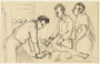 Two-sided drawing of men in a canteen and a portrait of a woman by a German Jewish internee