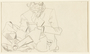 Two-sided drawing of a man reading and two figures sitting by a German Jewish internee