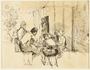 Drawing of five women in front of barracks by a German Jewish internee