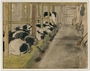 Drawing of black and white cows in a barn done in hiding by a Dutch Jewish man
