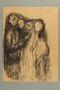 Expressionistic drawing of four men standing together created by a Hungarian Jewish musician in Drancy
