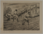 Etching by Karl Schwesig of 3 inmates at work under an armed guard in a prison camp