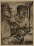 Etching by Karl Schwesig showing inmates bartering bread and cigarettes in a concentration camp