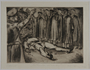Satirical etching by Karl Schwesig showing men in academic robes saluting a corpse