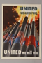 US propaganda poster with artillery gun barrels draped in Allied flags