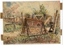 Aquarelle of a gated internment camp path by a Russian Jewish inmate