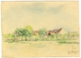 Colored drawing of internment camp barracks by a Polish Jewish inmate