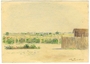 Color drawing of a fence near an internment camp garden by a Polish Jewish inmate