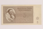 Theresienstadt ghetto-labor camp scrip, 5 kronen note, issued to a German Jewish inmate