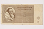 Theresienstadt ghetto-labor camp scrip, 5 kronen note, acquired by a female forced laborer