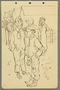 Ink drawing of men in internment camp
