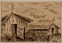Ink drawing of two barracks surrounded by tall grass by a German Jewish internee