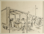 Drawing of women washing clothes at a washhouse by a German Jewish internee