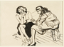 Drawing of two women sitting on stools by a German Jewish internee