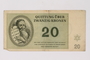 Theresienstadt ghetto-labor camp scrip, 20 kronen note, saved by a former German Jewish inmate